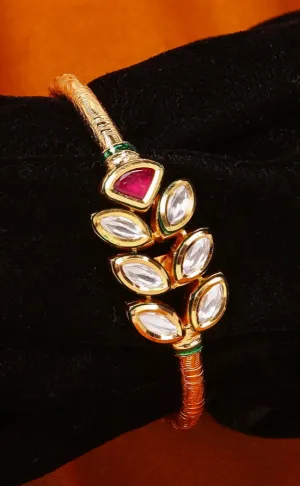 Designer Gold Plated Royal Kundan & Ruby Openable Bracelet (D176)