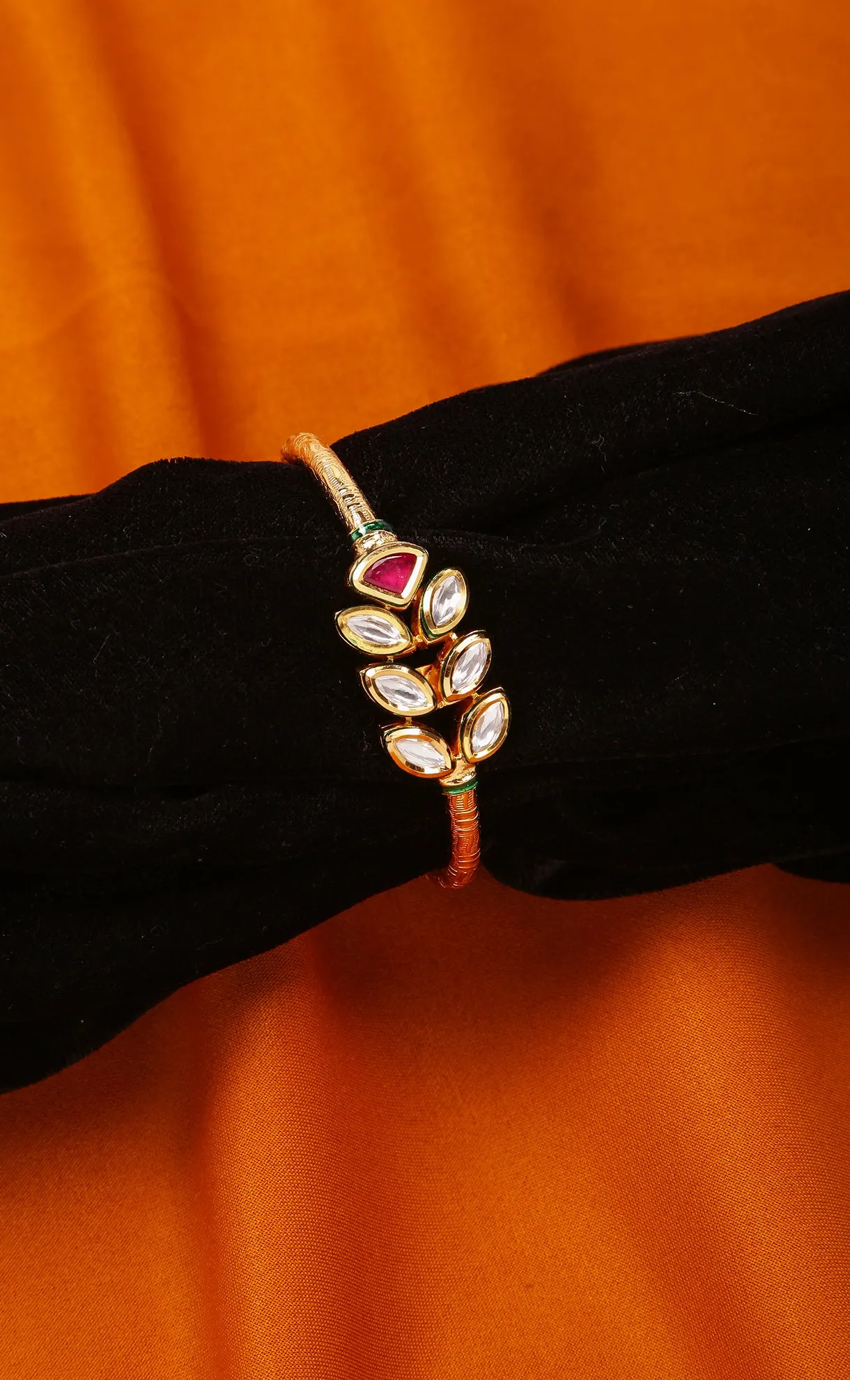 Designer Gold Plated Royal Kundan & Ruby Openable Bracelet (D176)