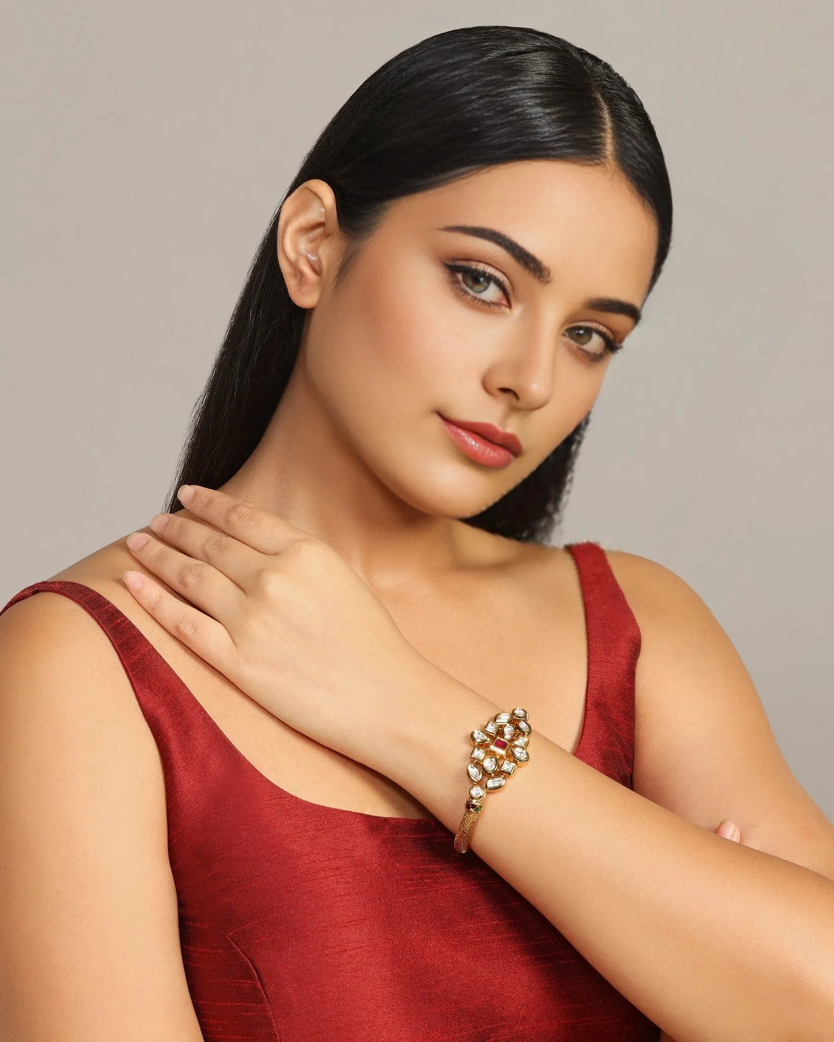 Designer Gold Plated Royal Kundan & Ruby Openable Bracelet (D185)