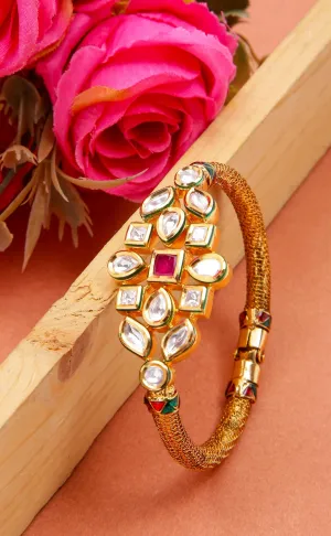 Designer Gold Plated Royal Kundan & Ruby Openable Bracelet (D185)
