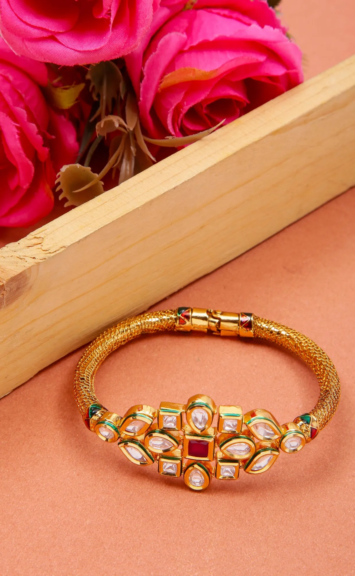 Designer Gold Plated Royal Kundan & Ruby Openable Bracelet (D185)