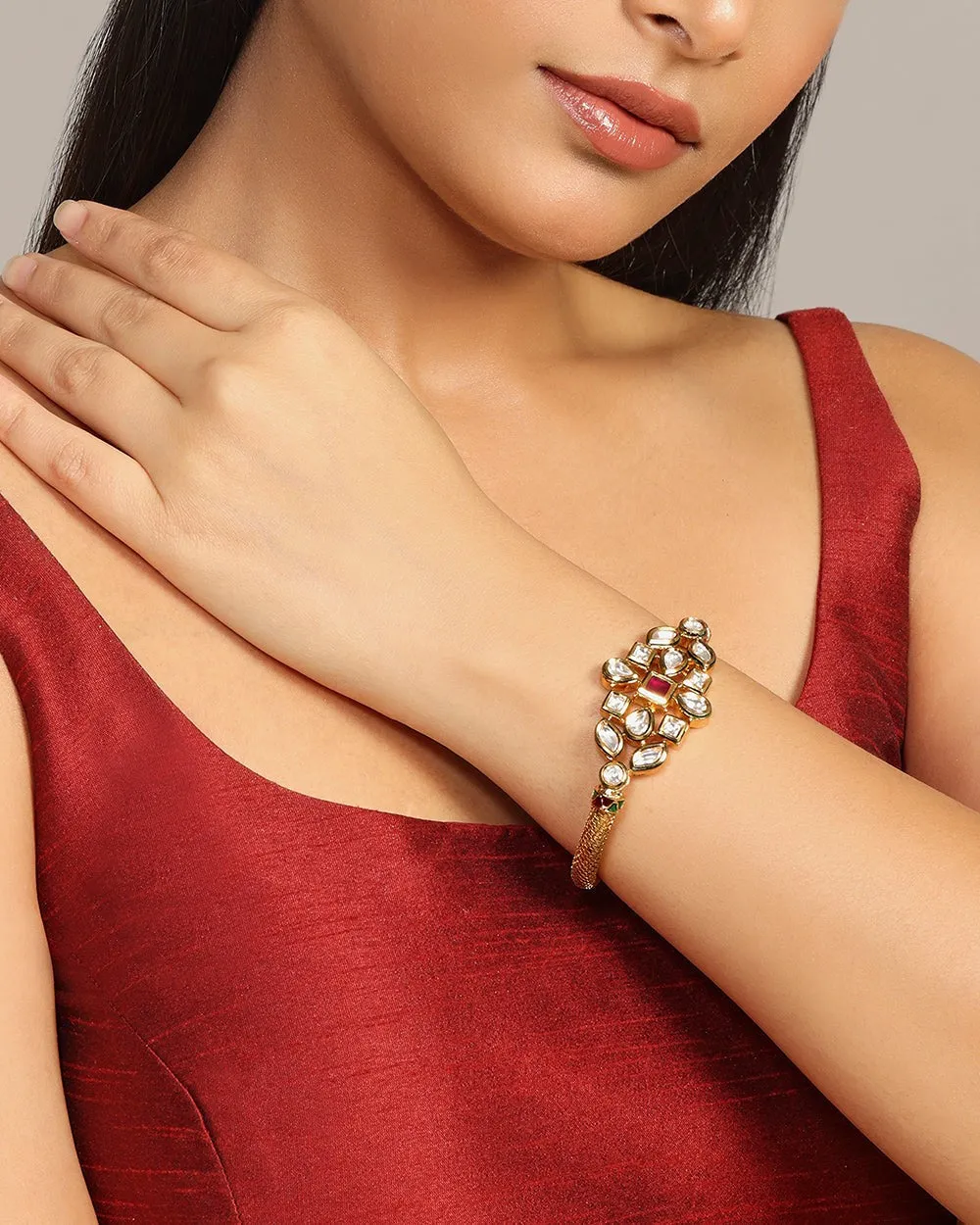Designer Gold Plated Royal Kundan & Ruby Openable Bracelet (D185)