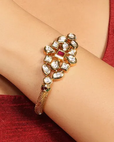 Designer Gold Plated Royal Kundan & Ruby Openable Bracelet (D185)