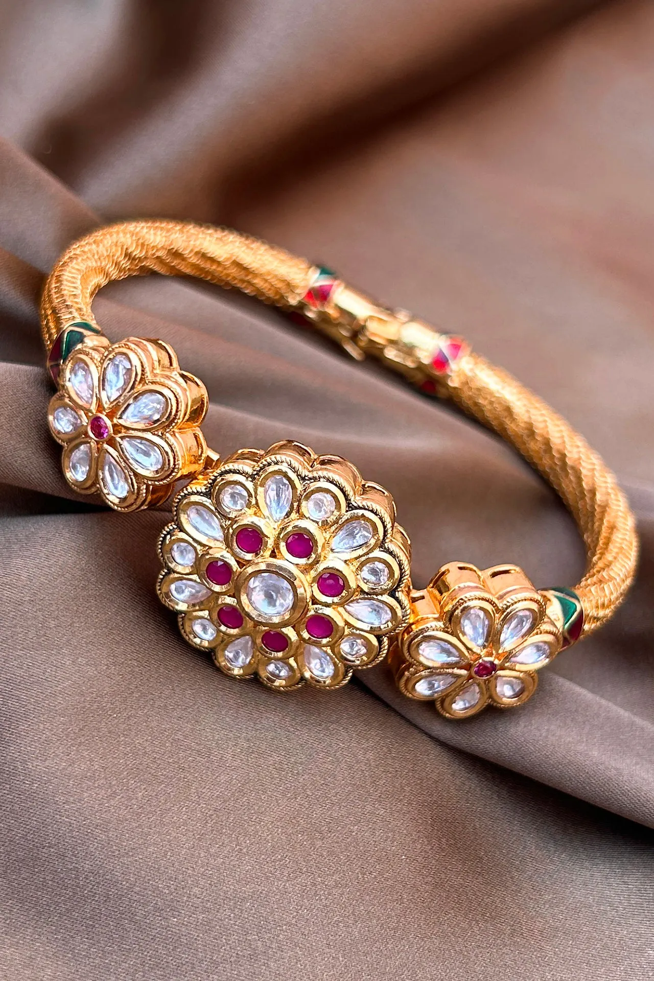 Designer Gold Plated Royal Kundan & Ruby Openable Bracelet (D186)