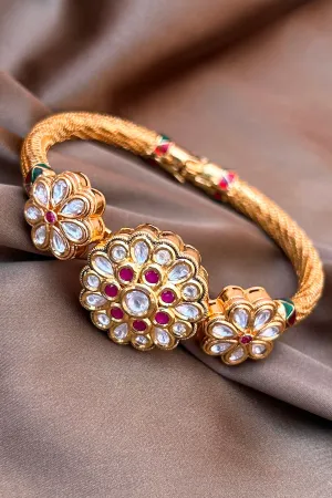 Designer Gold Plated Royal Kundan & Ruby Openable Bracelet (D186)