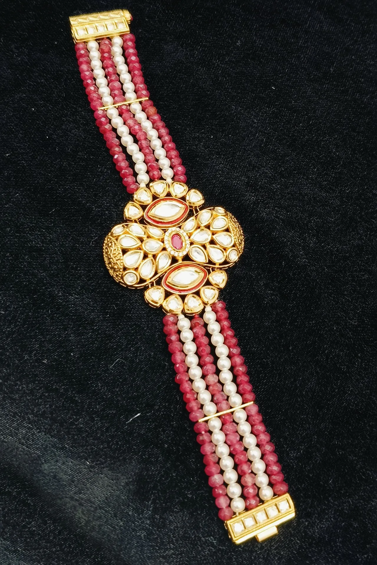 Designer Gold Plated Royal Kundan & Ruby Openable Bracelet (D196)