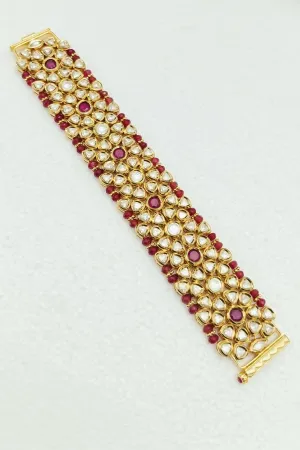 Designer Gold Plated Royal Kundan & Ruby Openable Bracelet (D197)