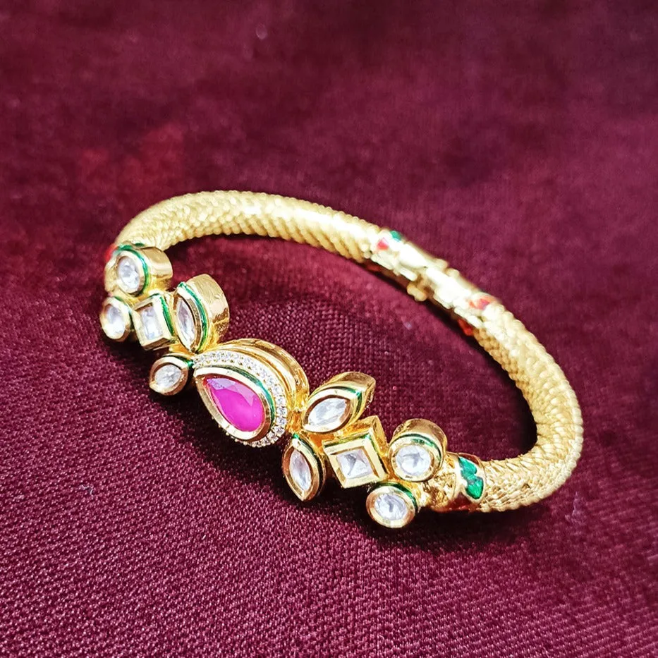 Designer Gold Plated Royal Kundan & Ruby Openable Bracelet (Design 105)