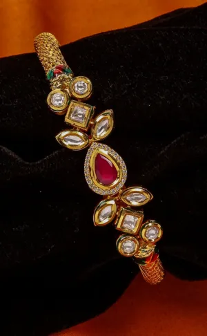 Designer Gold Plated Royal Kundan & Ruby Openable Bracelet (Design 105)