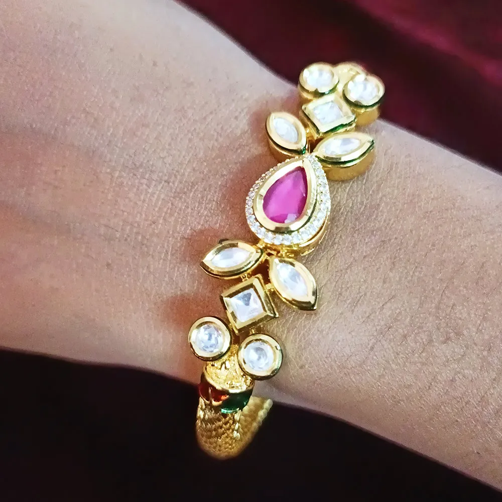 Designer Gold Plated Royal Kundan & Ruby Openable Bracelet (Design 105)