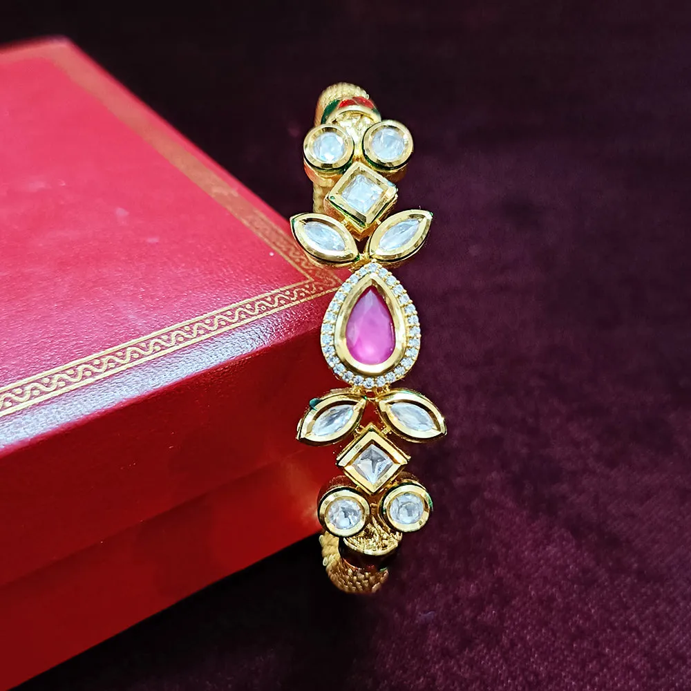 Designer Gold Plated Royal Kundan & Ruby Openable Bracelet (Design 105)