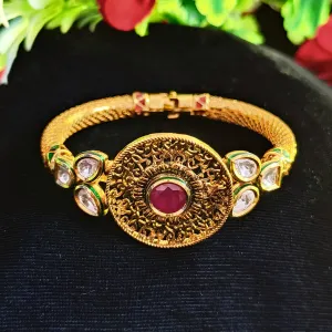 Designer Gold Plated Royal Kundan & Ruby Openable Bracelet (Design 110)