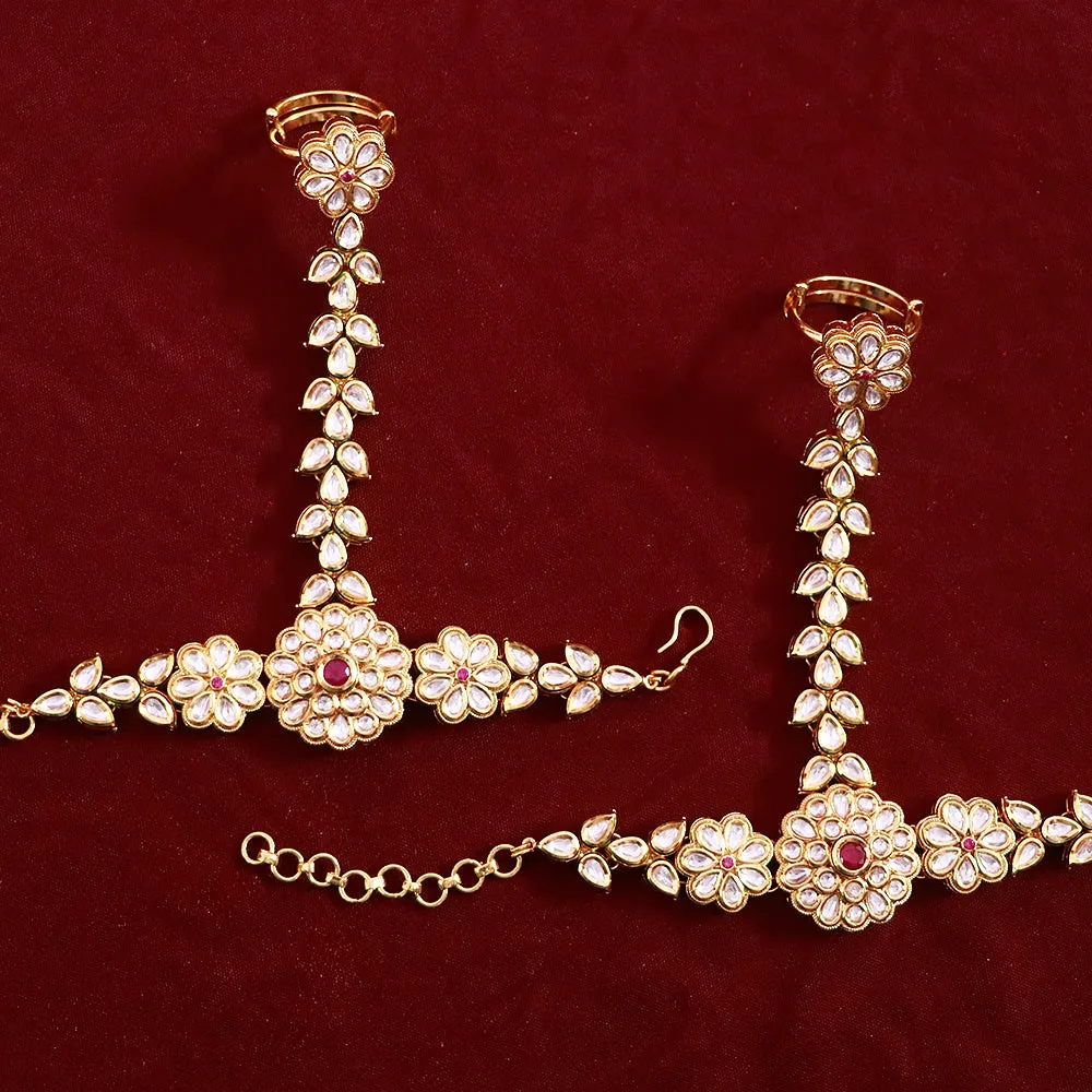 Designer Gold Plated Royal Kundan & Ruby Openable Haath Phool (Design 134)
