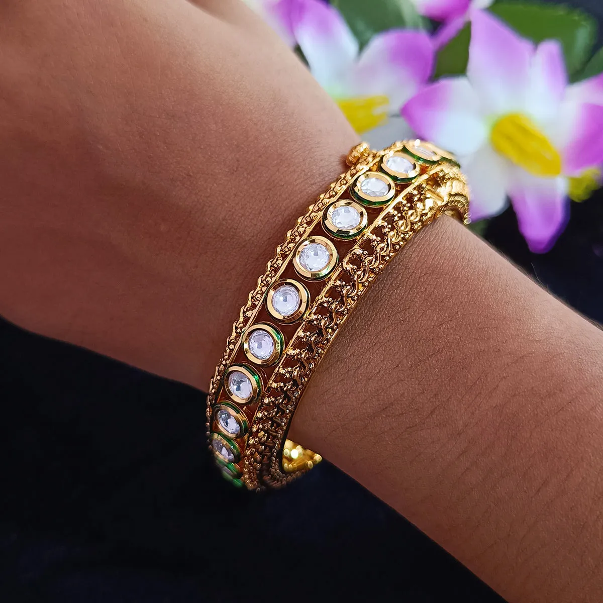 Designer Gold Plated Royal Kundan Openable Bracelet (Design 112)