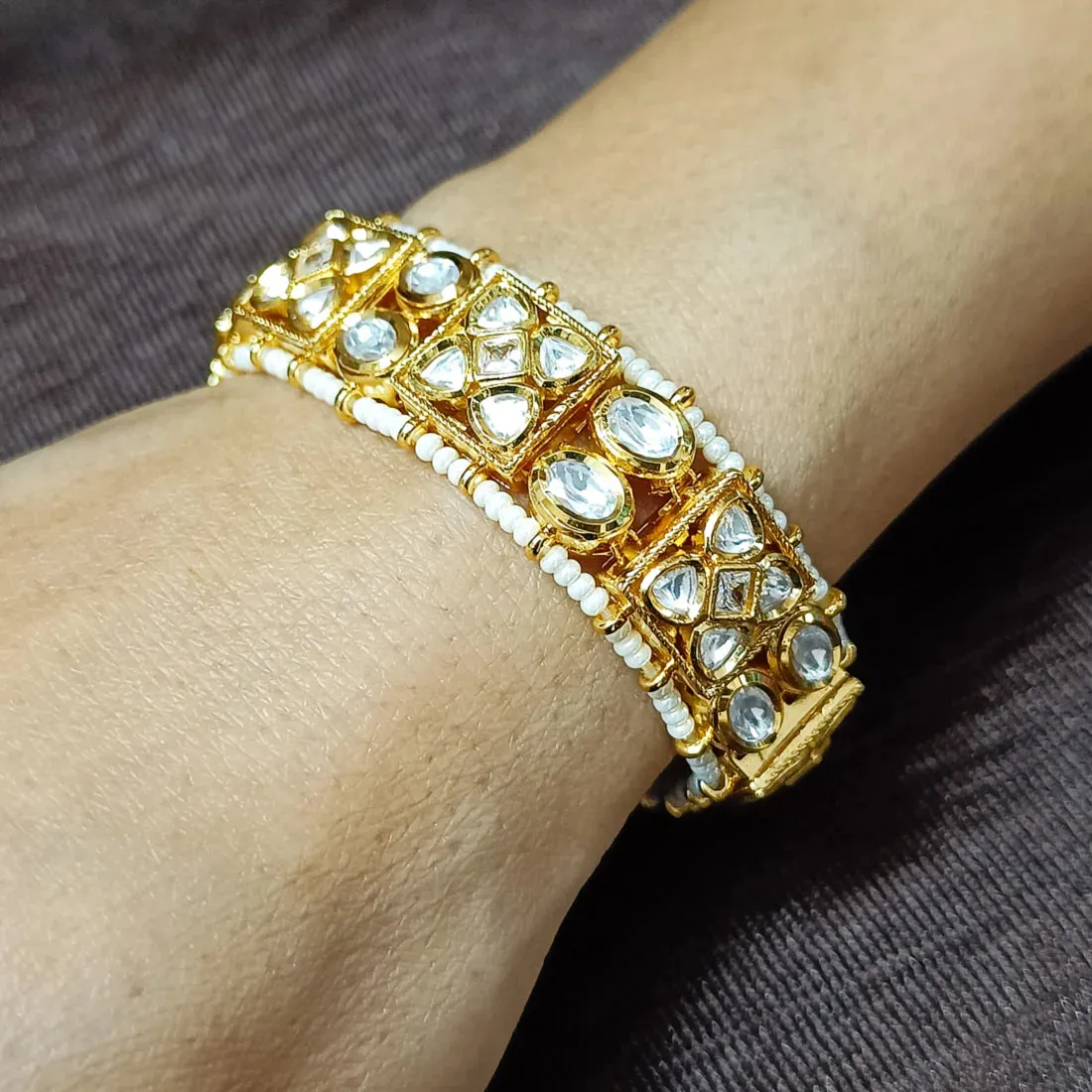 Designer Gold Plated Royal Kundan Openable Bracelet (Design 137A)