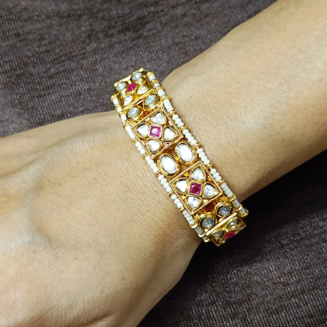 Designer Gold Plated Royal Kundan Openable Bracelet (Design 137A)