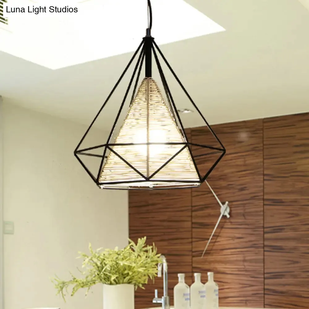 Diamond Rattan Hanging Pendant Light - Modern 1 Light Beige Ceiling Light for Kitchen Island - 15"/18"/19.5" Wide