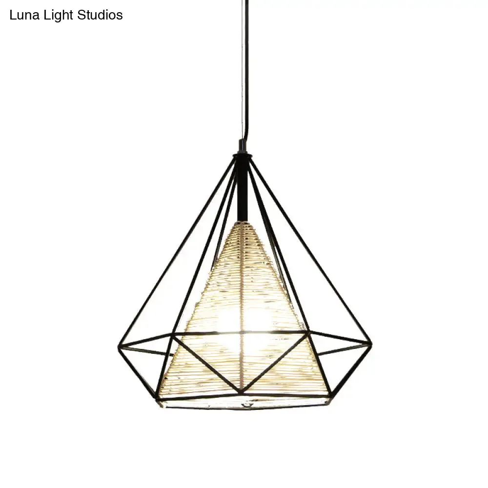 Diamond Rattan Hanging Pendant Light - Modern 1 Light Beige Ceiling Light for Kitchen Island - 15"/18"/19.5" Wide