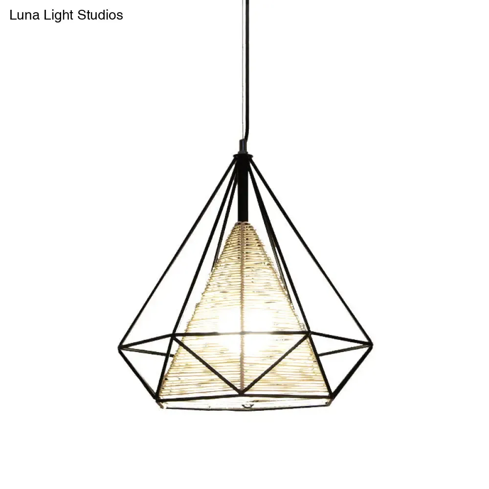 Diamond Rattan Hanging Pendant Light - Modern 1 Light Beige Ceiling Light for Kitchen Island - 15"/18"/19.5" Wide