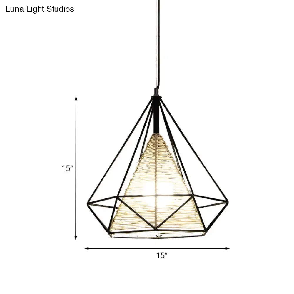 Diamond Rattan Hanging Pendant Light - Modern 1 Light Beige Ceiling Light for Kitchen Island - 15"/18"/19.5" Wide