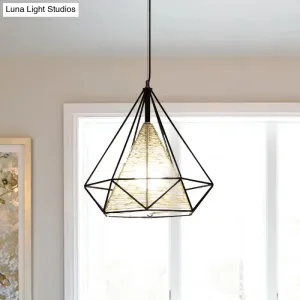 Diamond Rattan Hanging Pendant Light - Modern 1 Light Beige Ceiling Light for Kitchen Island - 15"/18"/19.5" Wide