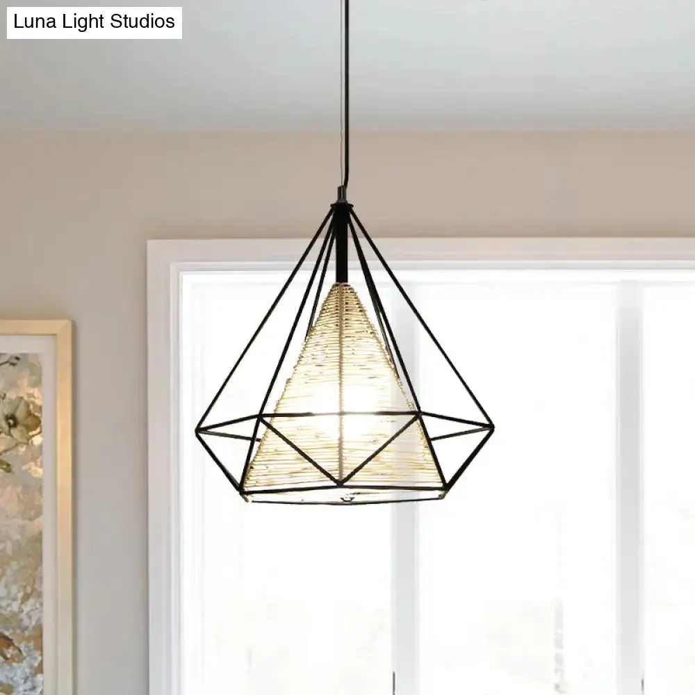 Diamond Rattan Hanging Pendant Light - Modern 1 Light Beige Ceiling Light for Kitchen Island - 15"/18"/19.5" Wide