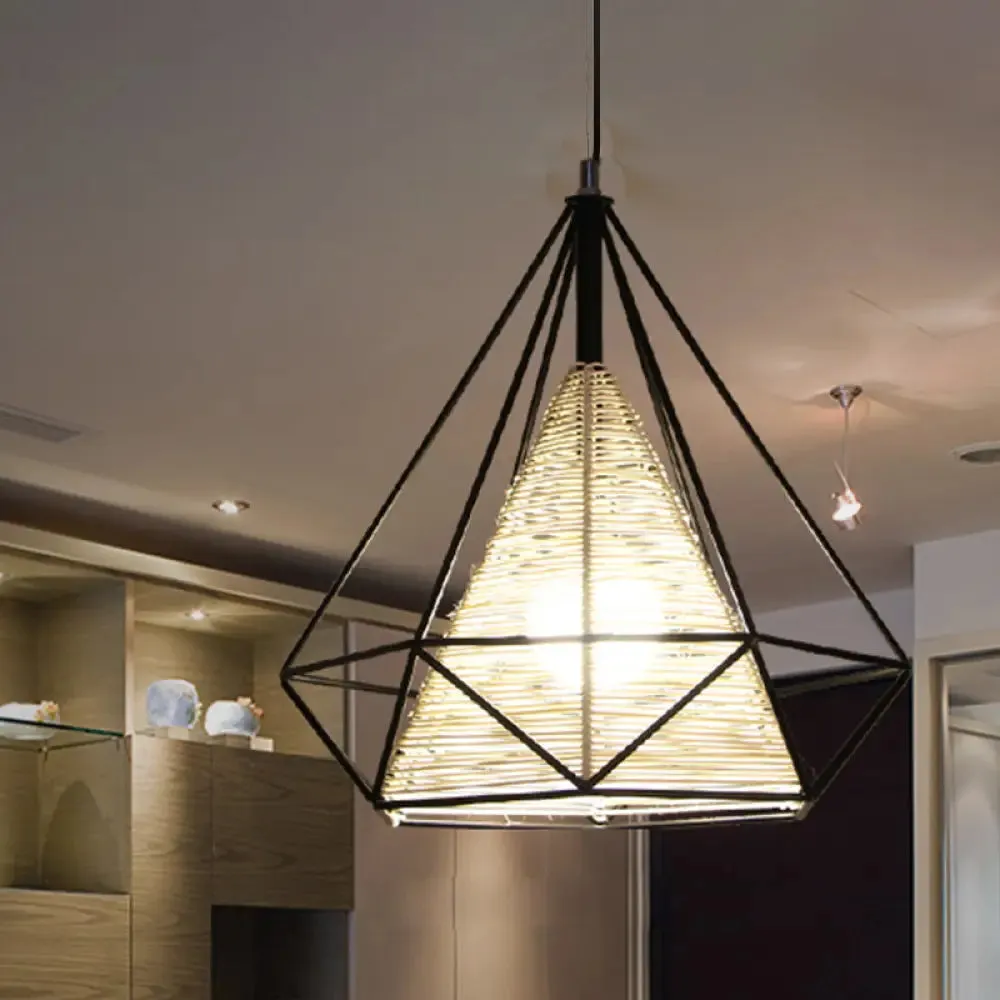 Diamond Rattan Hanging Pendant Light - Modern 1 Light Beige Ceiling Light for Kitchen Island - 15"/18"/19.5" Wide