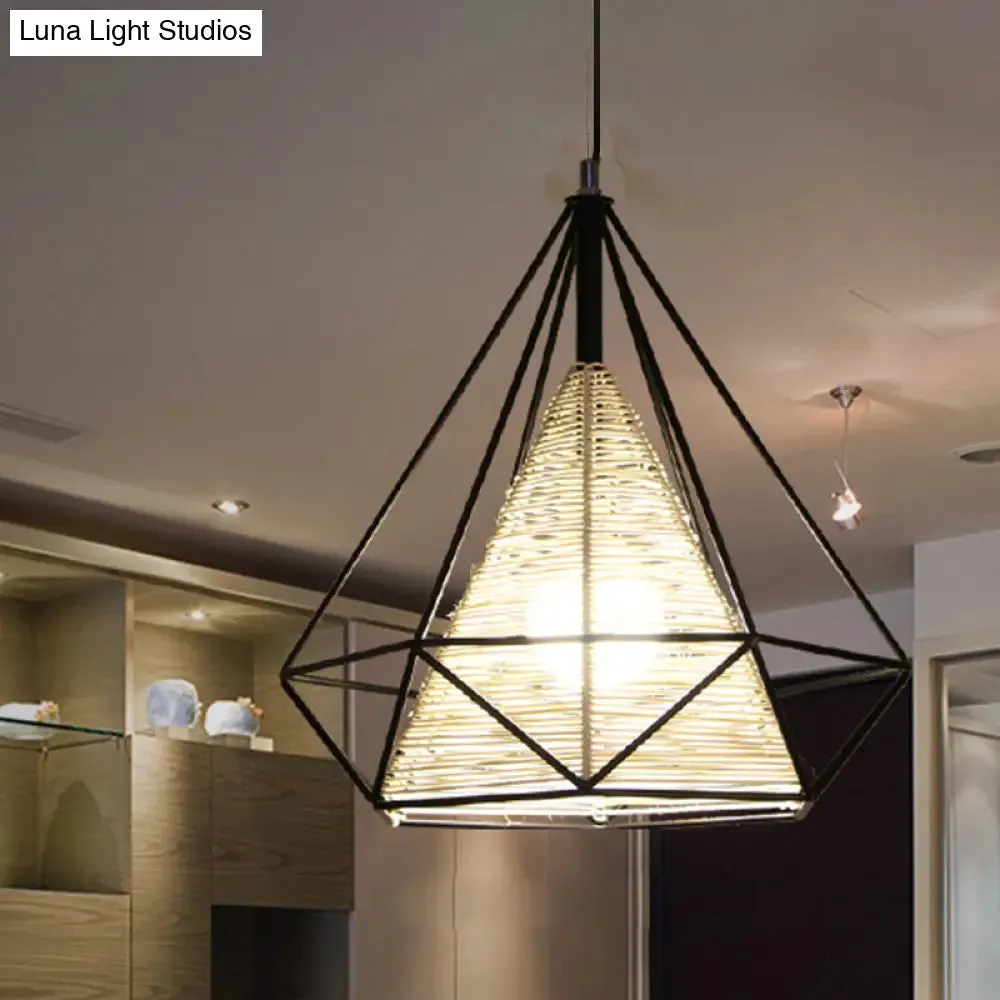 Diamond Rattan Hanging Pendant Light - Modern 1 Light Beige Ceiling Light for Kitchen Island - 15"/18"/19.5" Wide