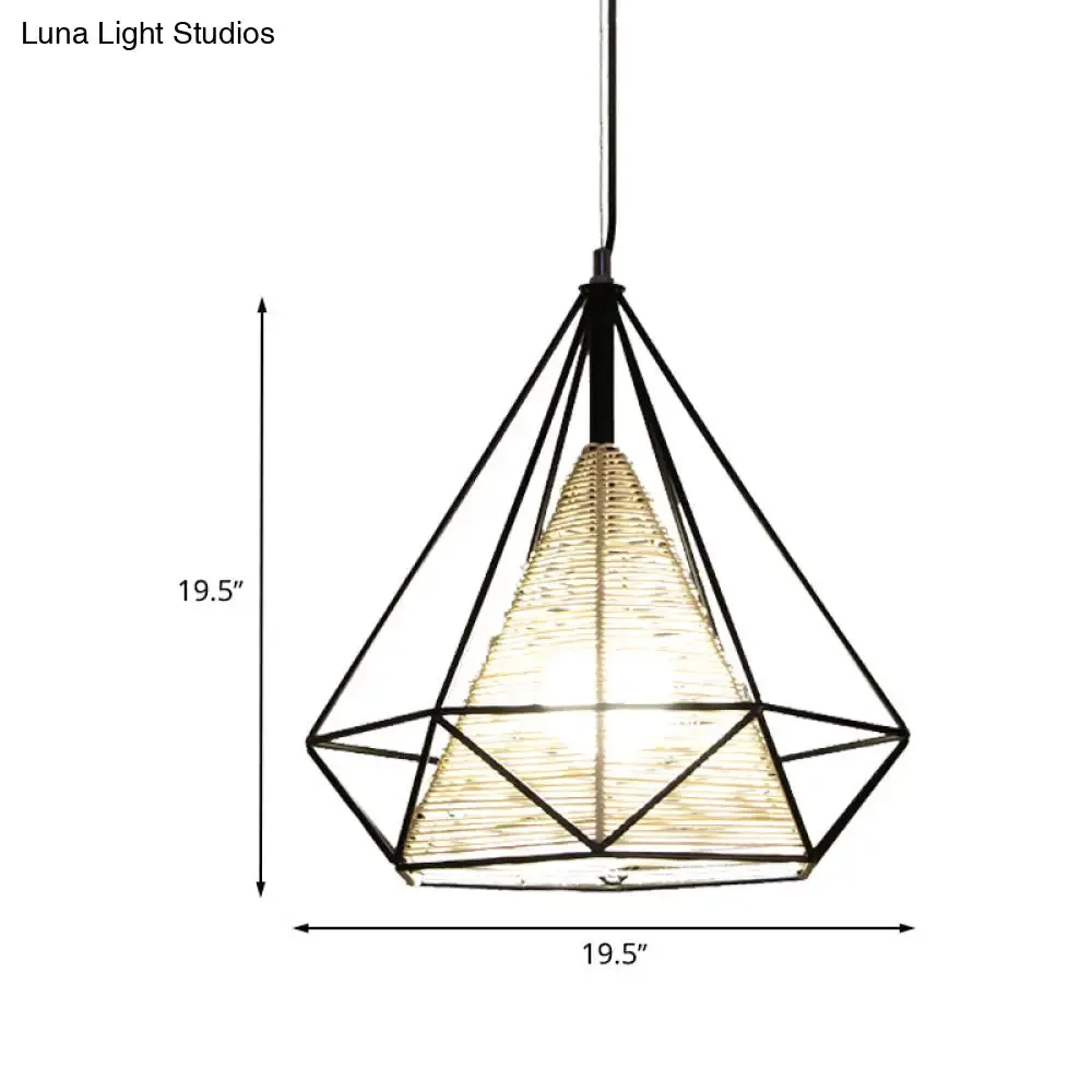 Diamond Rattan Hanging Pendant Light - Modern 1 Light Beige Ceiling Light for Kitchen Island - 15"/18"/19.5" Wide