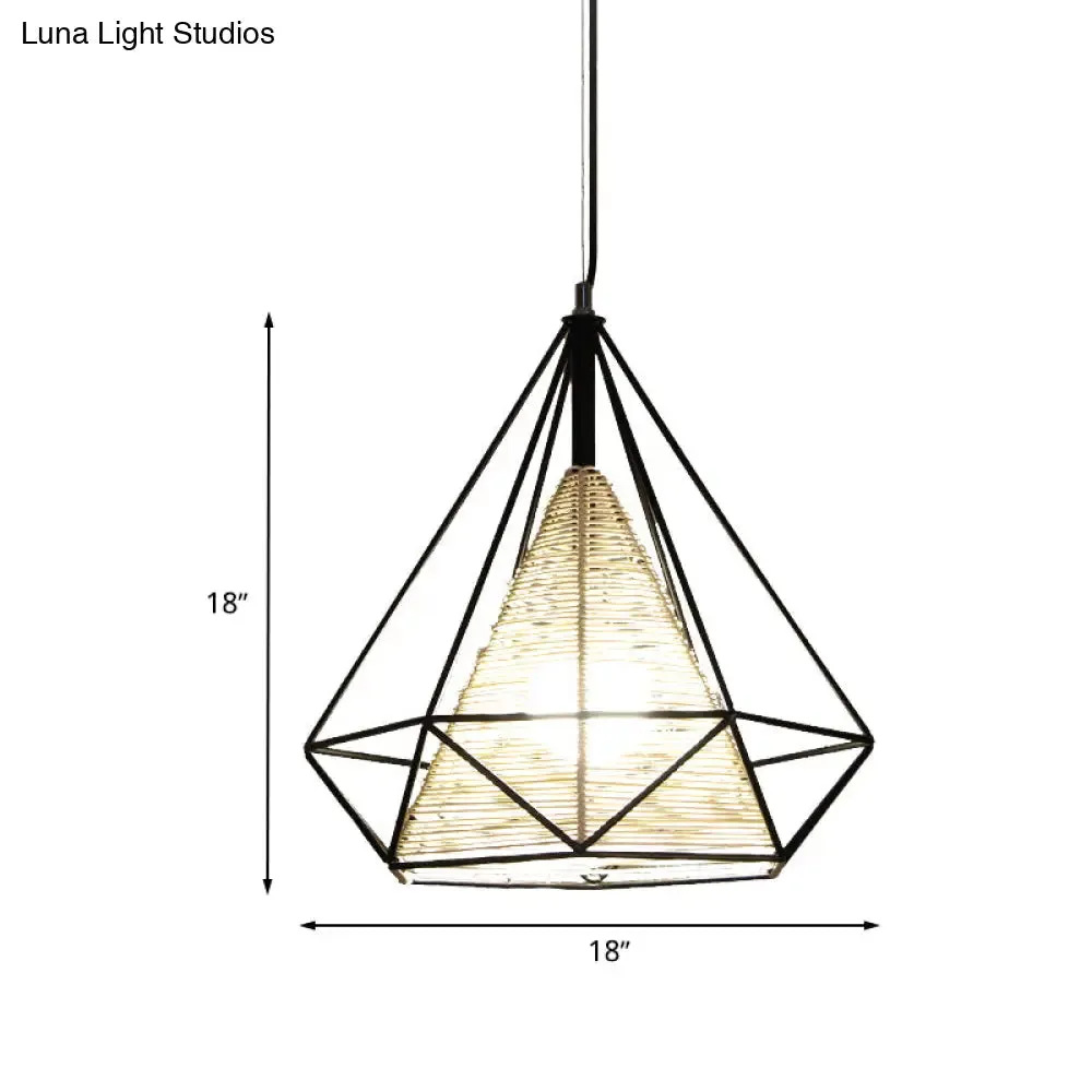 Diamond Rattan Hanging Pendant Light - Modern 1 Light Beige Ceiling Light for Kitchen Island - 15"/18"/19.5" Wide