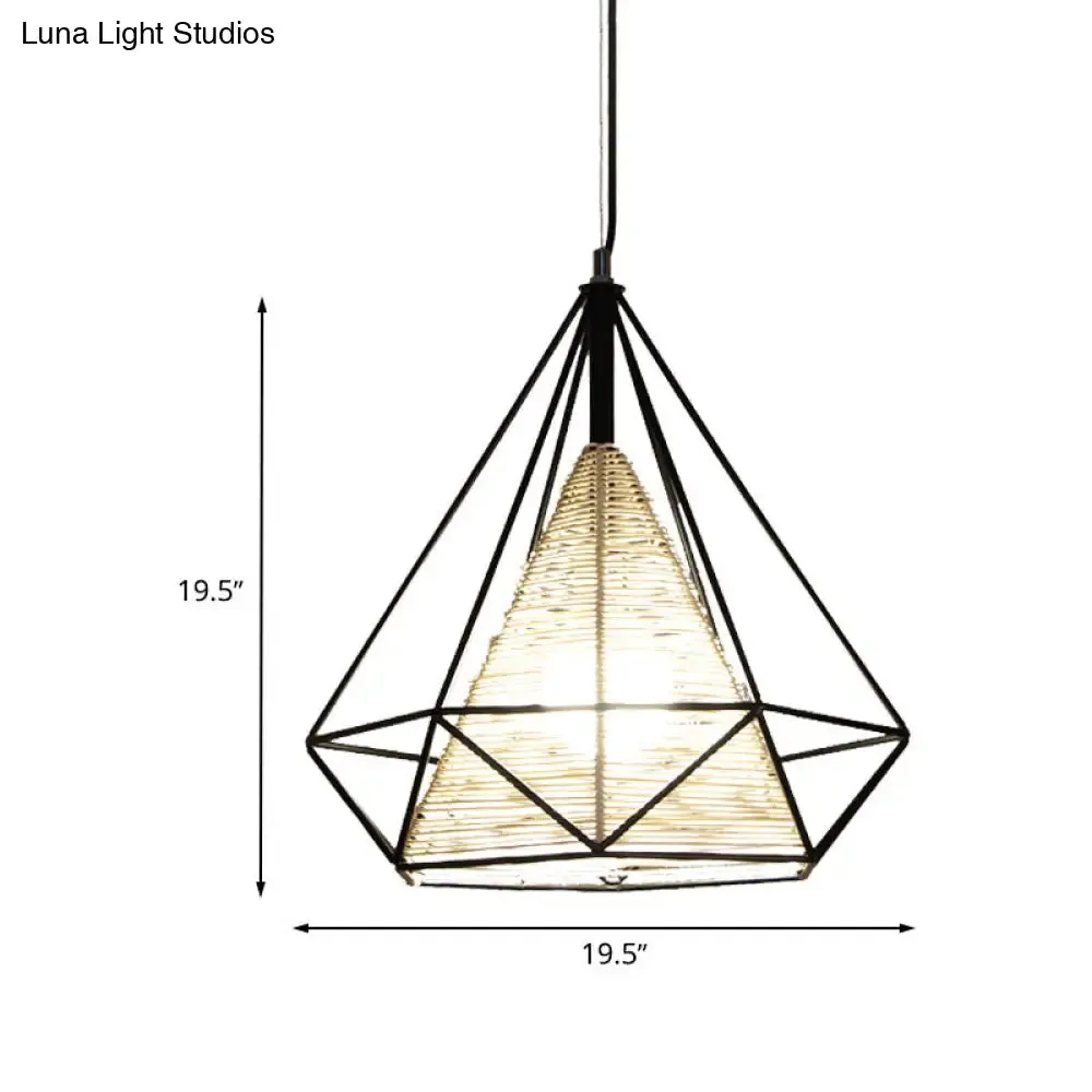 Diamond Rattan Hanging Pendant Light - Modern 1 Light Beige Ceiling Light for Kitchen Island - 15"/18"/19.5" Wide
