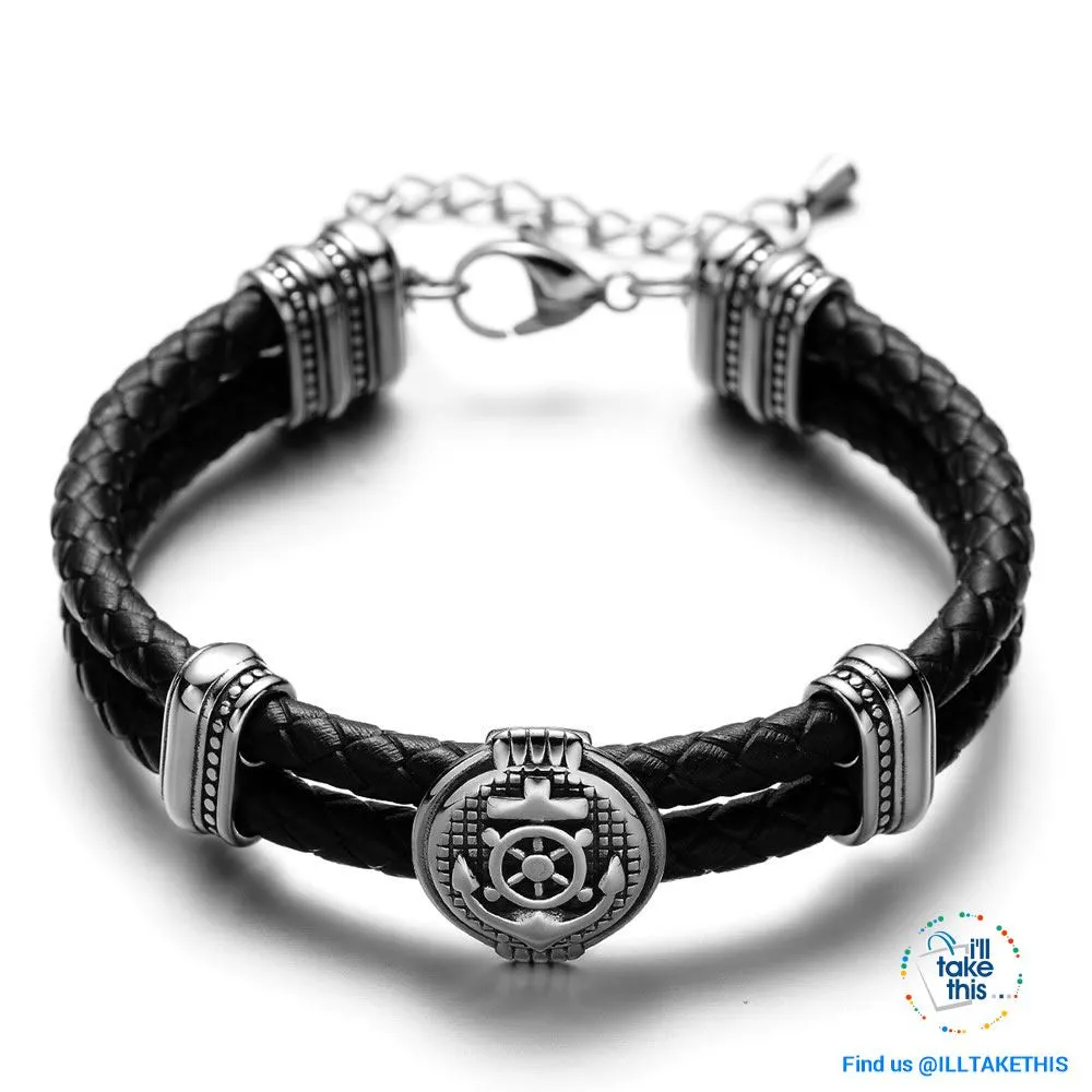 Double Braided Leather Anchor and Wheel Charms Bracelet - Stainless Steel Bead Bracelet