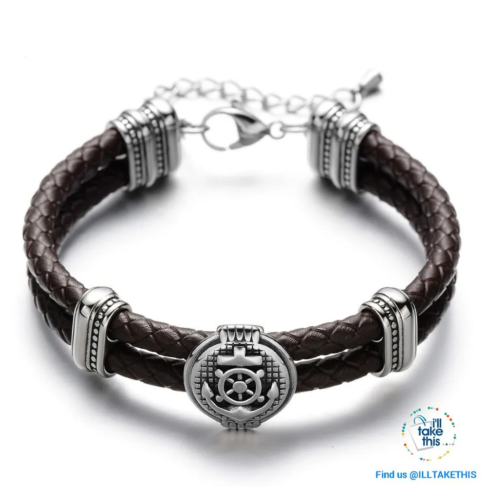 Double Braided Leather Anchor and Wheel Charms Bracelet - Stainless Steel Bead Bracelet