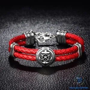 Double Braided Leather Anchor and Wheel Charms Bracelet - Stainless Steel Bead Bracelet
