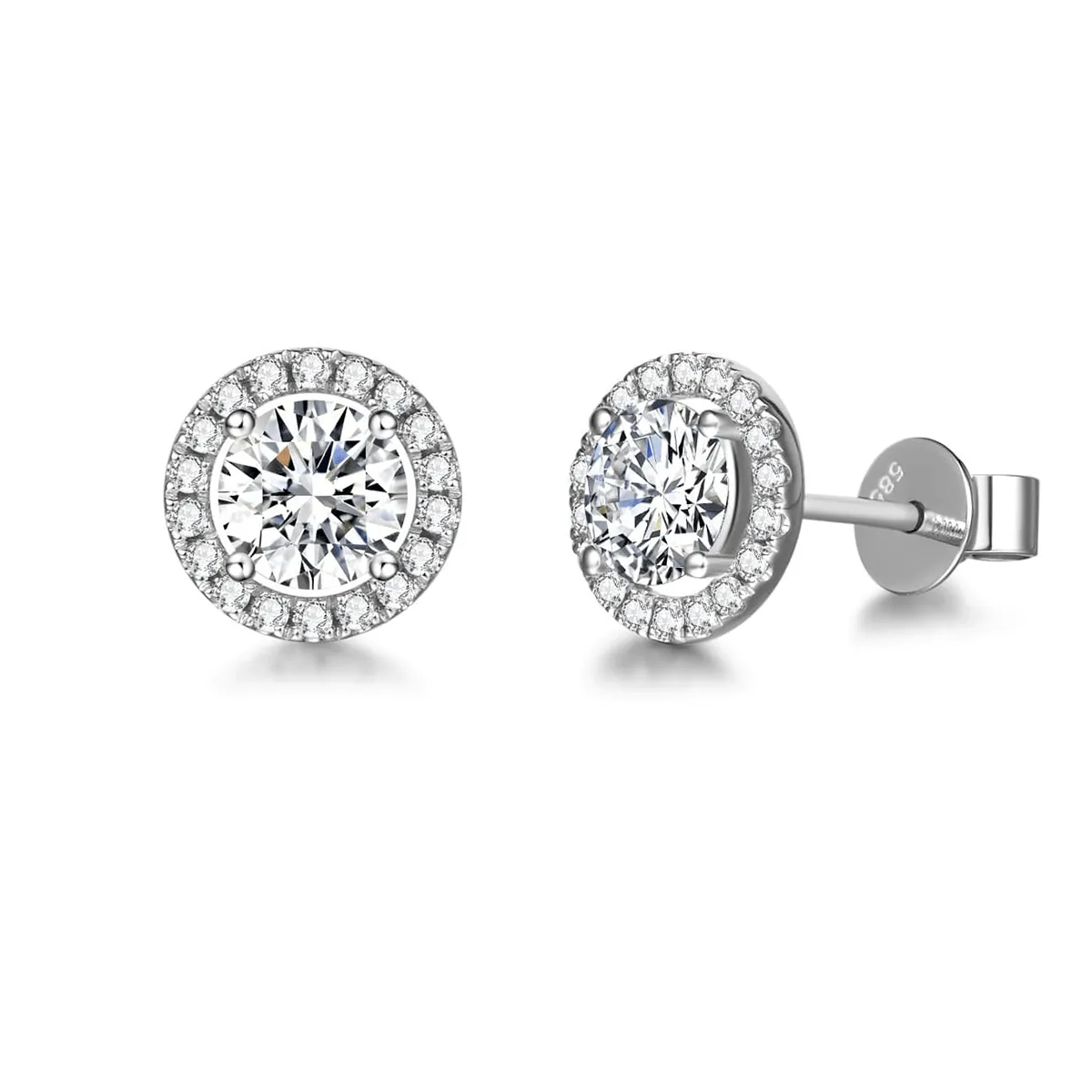 FANCIME Halo Setting Moissanite 14K Solid White Gold Stud Earrings