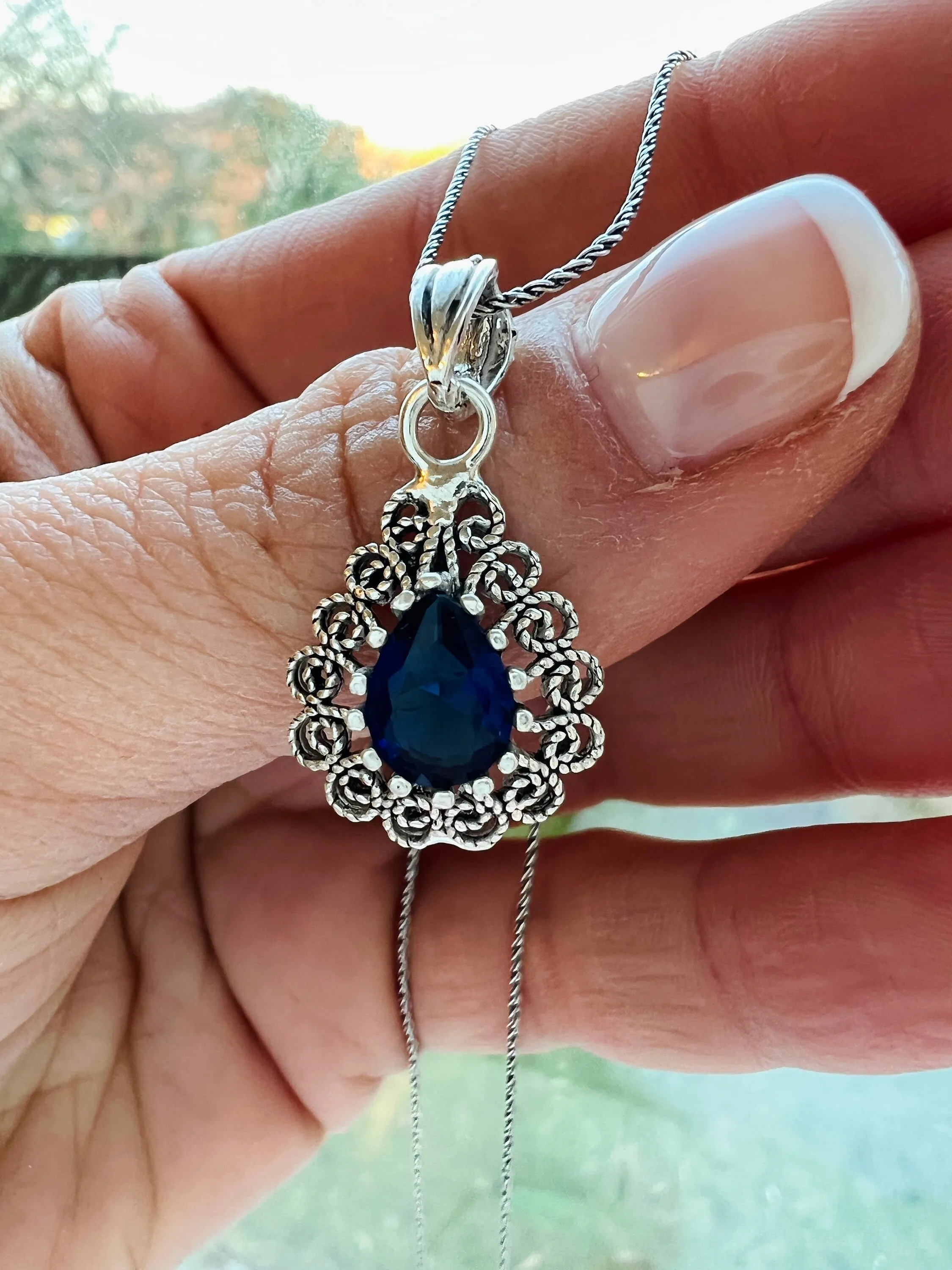 Filigree Pendant in 925 Sterling Silver | Handmade Sapphire and Emerald Necklace | Pear Shape Filigree Pendant Necklace | Handmade Jewellery