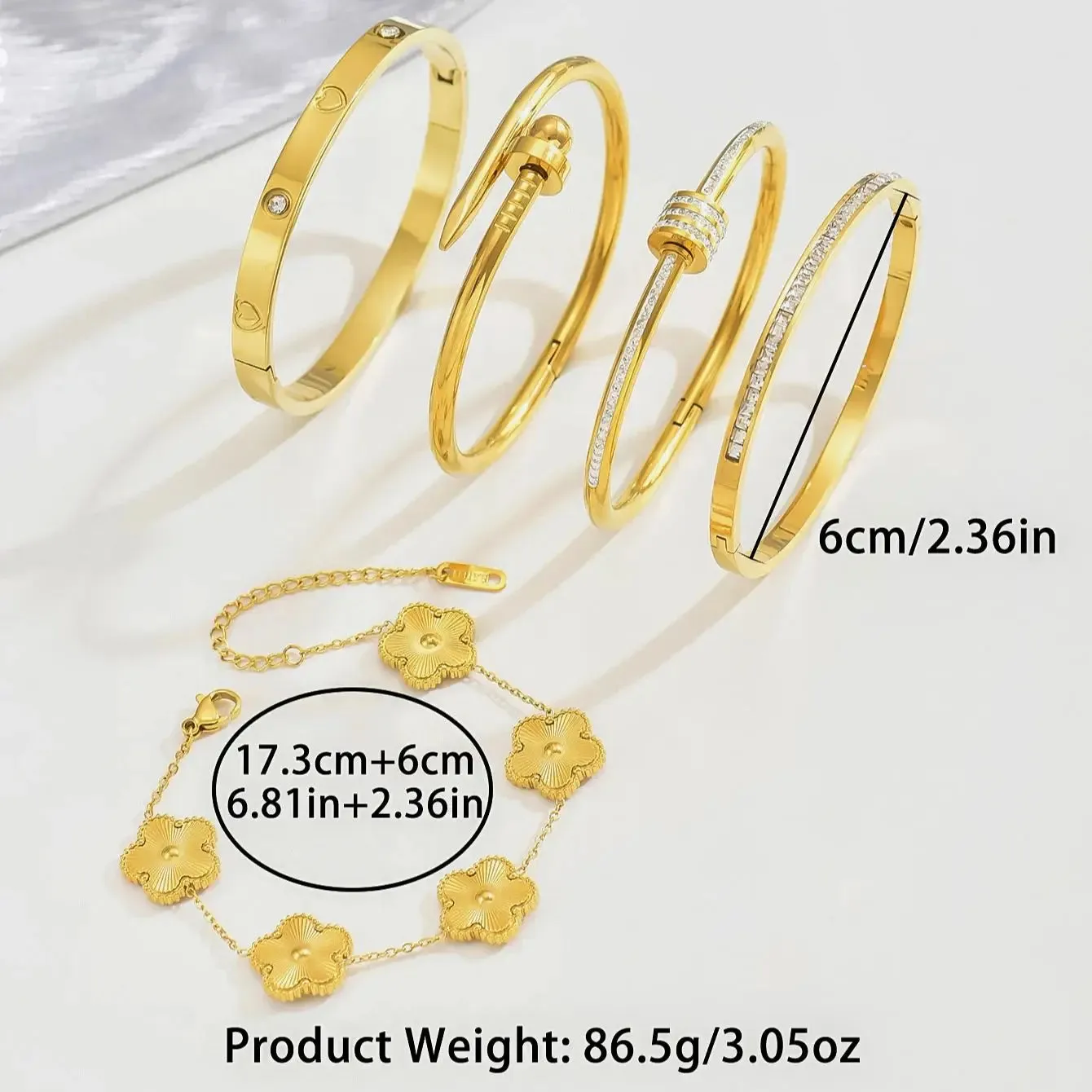 Four-Leaf Clover Lucky Bracelet Set for Women  5 Stainless Steel Gold Bangles, Hypoallergenic & Adjustable (Gift Ready)