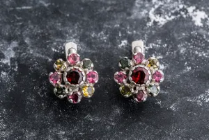 Garnet Flower Earrings - Colorful Flower Earrings - Red Vintage Earrings