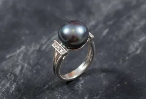 Genuine Pearl Ring - Black Pearl Ring, June Birthstone Ring