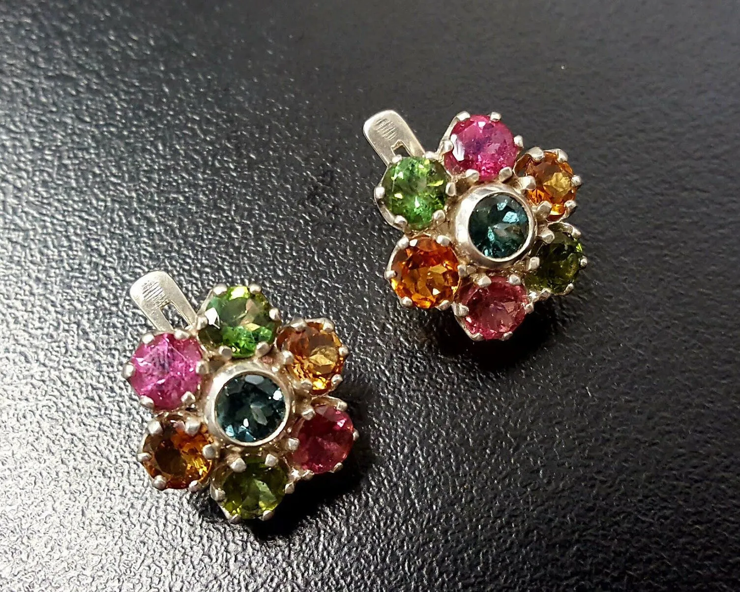 Genuine Tourmaline Earrings - Colorful Flower Studs - Multicolor Floral Earrings