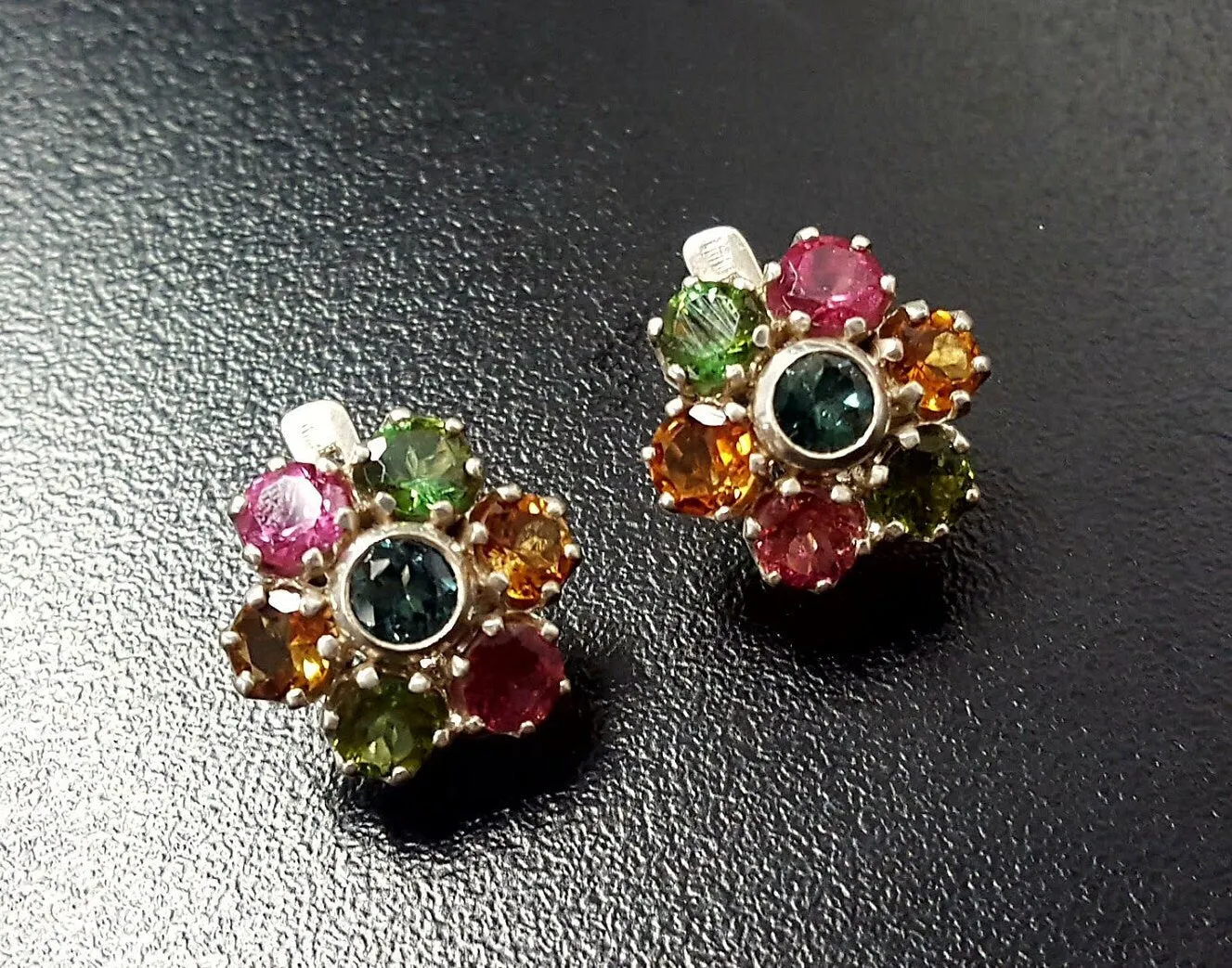 Genuine Tourmaline Earrings - Colorful Flower Studs - Multicolor Floral Earrings