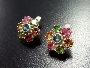 Genuine Tourmaline Earrings - Colorful Flower Studs - Multicolor Floral Earrings
