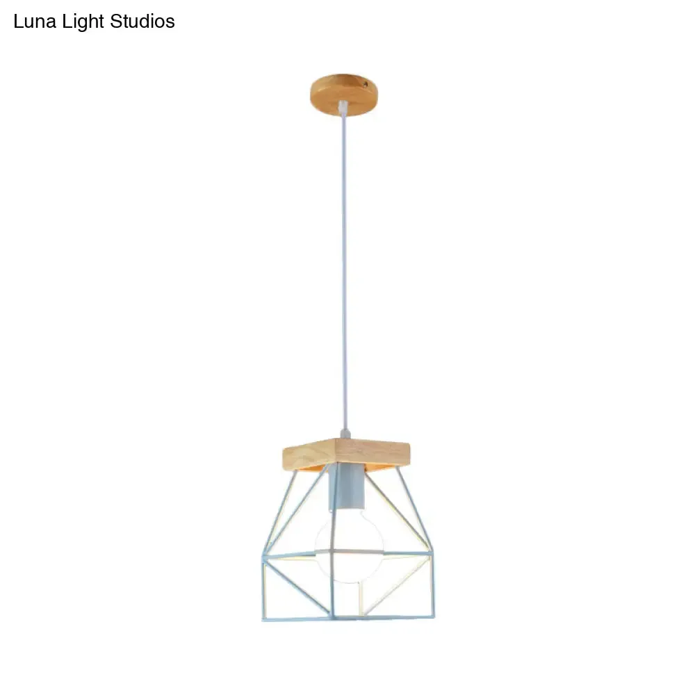 Geometric Pendant Light with Cage Shade - 1 Light Metal Lighting in Black/Blue for Bedroom