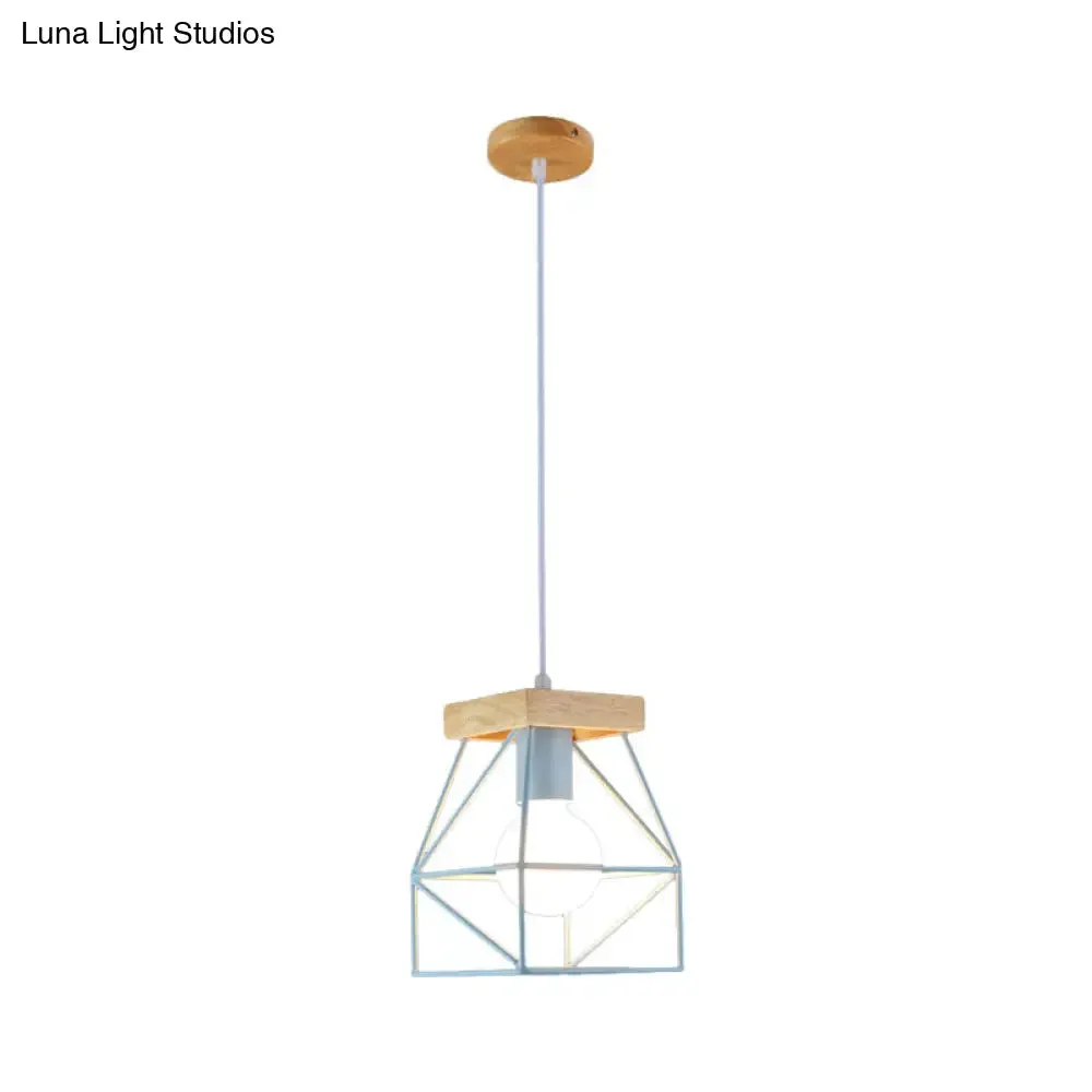 Geometric Pendant Light with Cage Shade - 1 Light Metal Lighting in Black/Blue for Bedroom