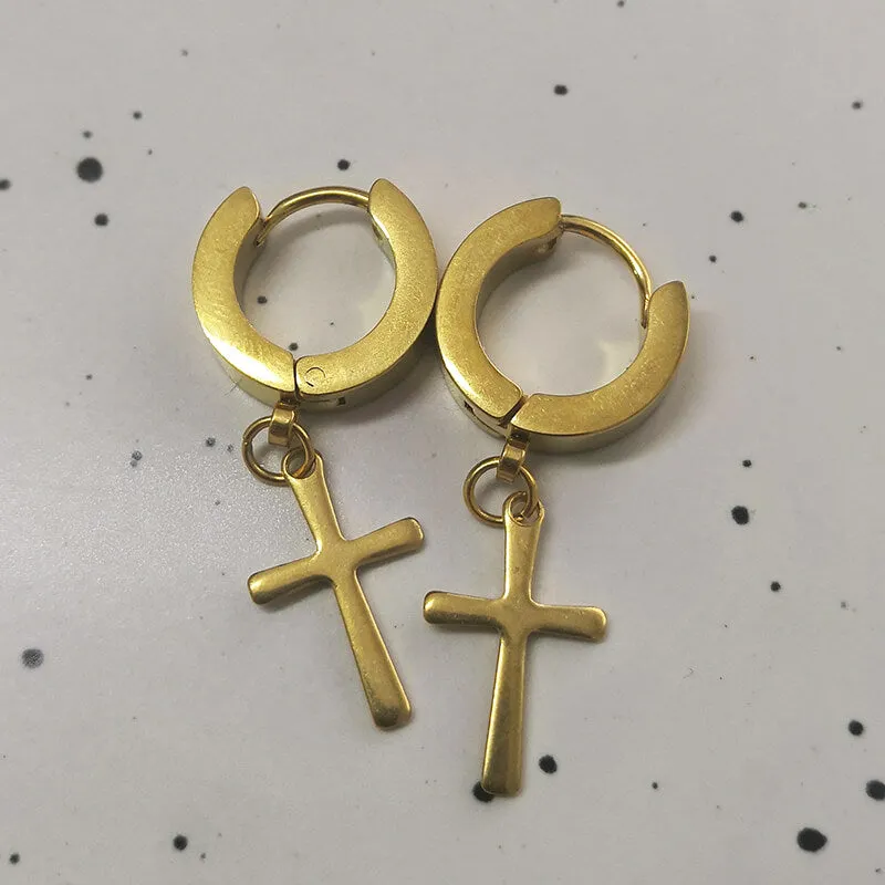 Gold Cross Stainless Steel Hoop Earrings