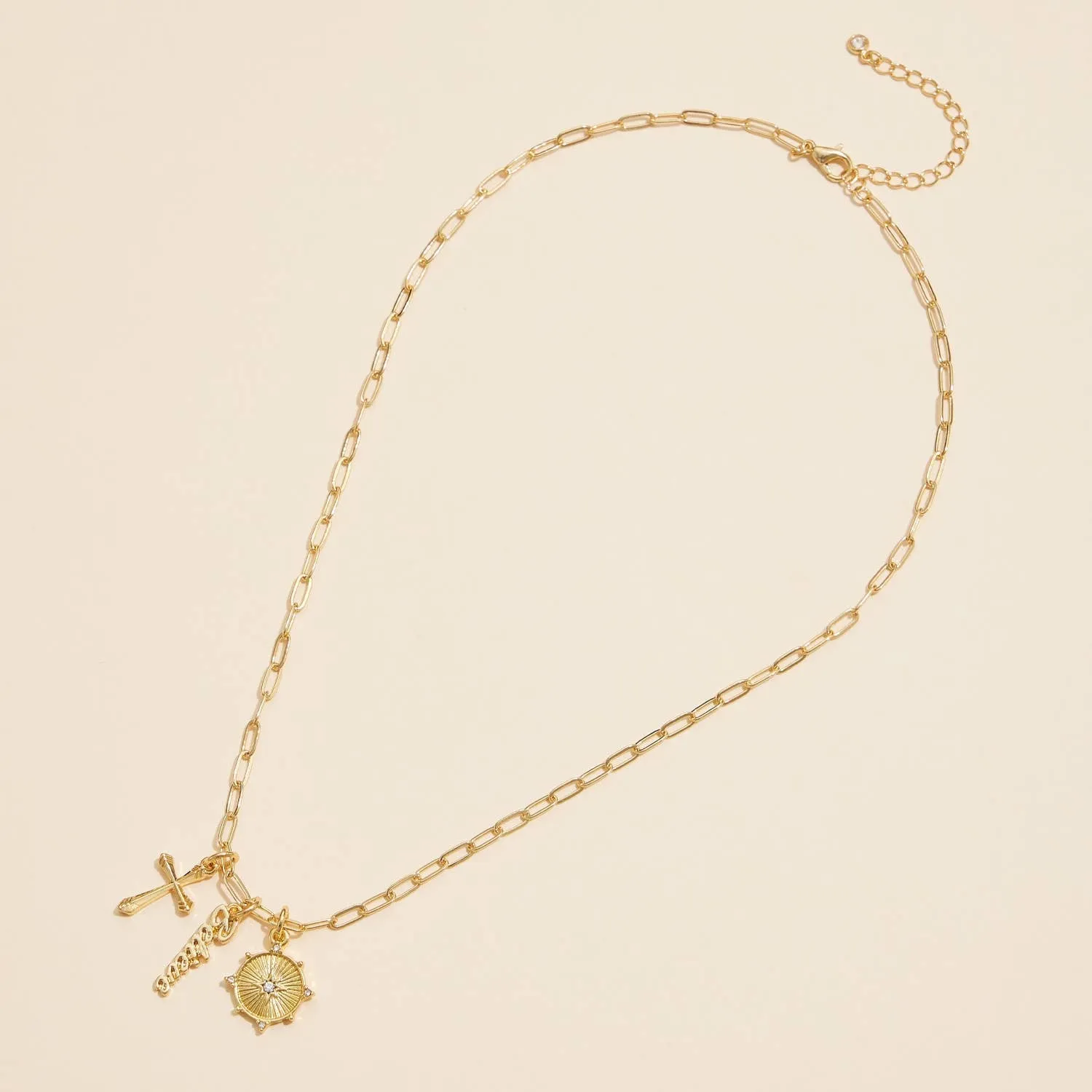 Gold Dipped 18K Cross, Believe, and Compass Charms Necklace