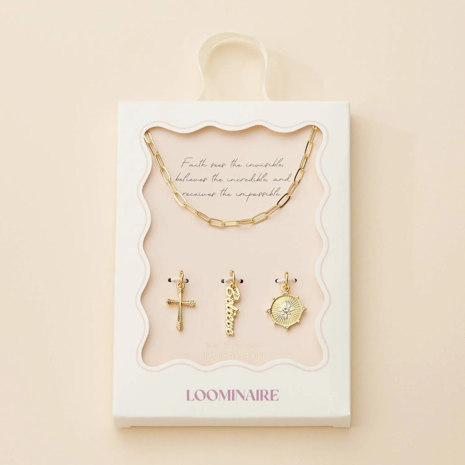 Gold Dipped 18K Cross, Believe, and Compass Charms Necklace