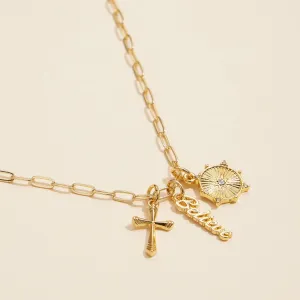 Gold Dipped 18K Cross, Believe, and Compass Charms Necklace