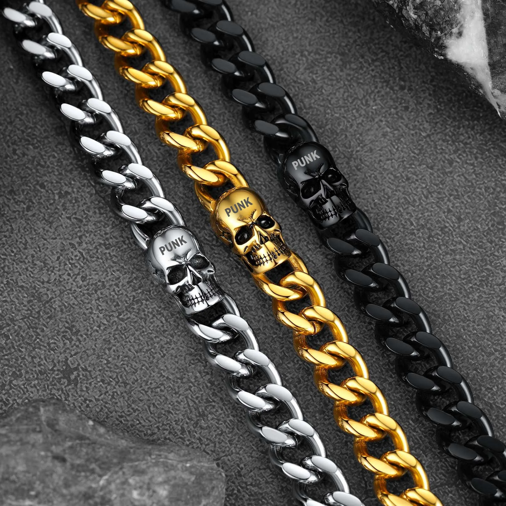 Gothic Heavy Cuban Chain Skull Bracelet For Men in Stainless Steel