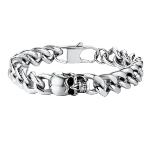 Gothic Heavy Cuban Chain Skull Bracelet For Men in Stainless Steel